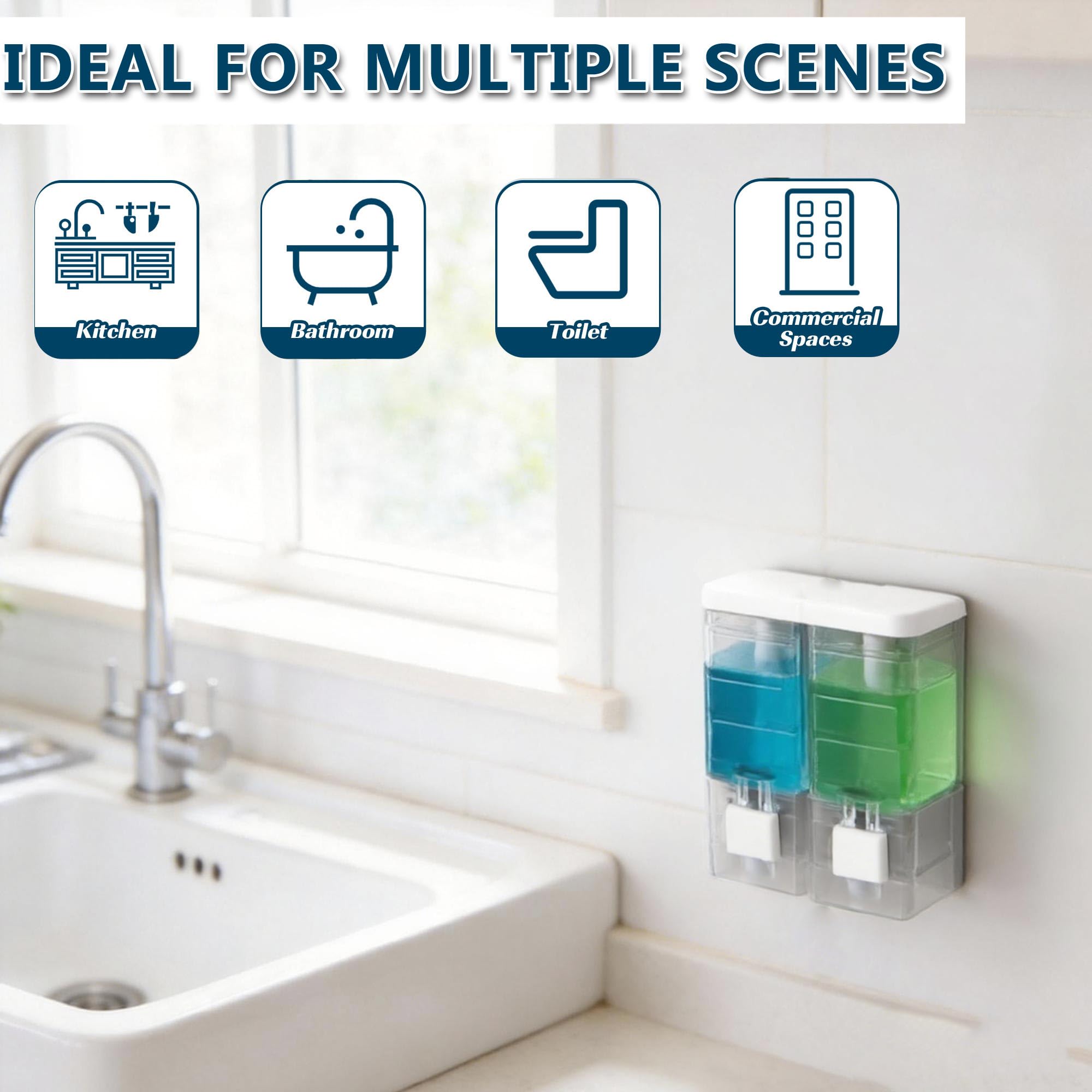 Sueving Soap Dispenser, 2 Chamber Wall Mounted Shampoo and Conditioner Dispenser, 500ML Shower Gel Dispensers for Bathroom, Kitchen (Clear)