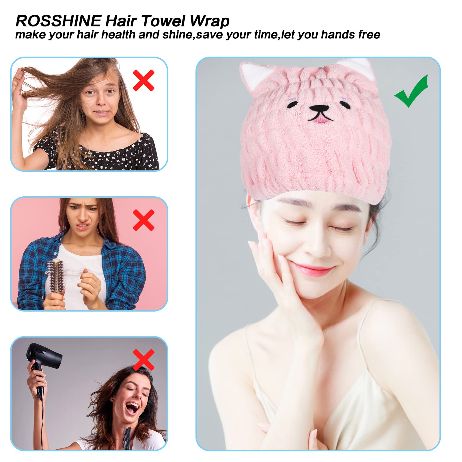 2-Piece Dry Hair Cap - Microfiber Quick Drying Bath Cap with Cute Cat Ears - Super Absorbent Hair Towel Wrap for Women & Girls