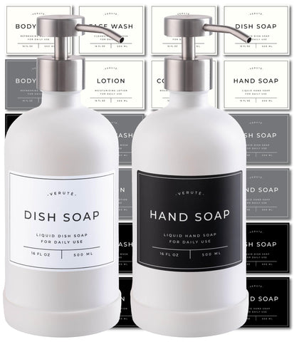Glass Soap Dispenser Set for Kitchen & Bathroom - 2 x 500ml Refillable Glass Bottles with Stainless Steel Pumps