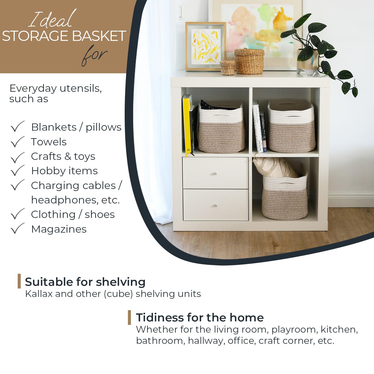 HMF Storage Basket with Hidden Handles, Set of 3, Cotton Basket, 37.5 x 25 x 22.5 cm, White/Brown