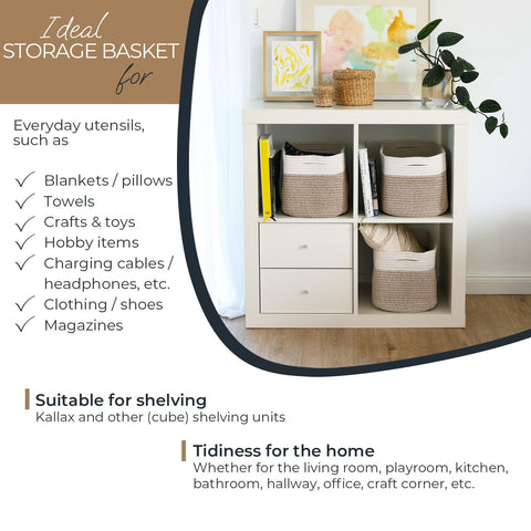 HMF Storage Basket with Hidden Handles, Set of 3, Cotton Basket, 37.5 x 25 x 22.5 cm, White/Brown
