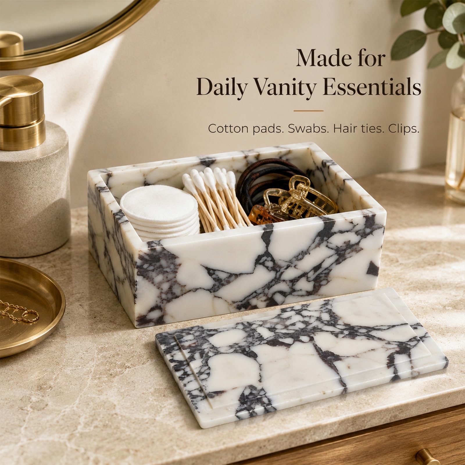 Artisanal Abode Luxury Marble Storage Box with Lid, White and Purple Veined Pattern, Decorative Organizer for Makeup Brushes, Jewelry