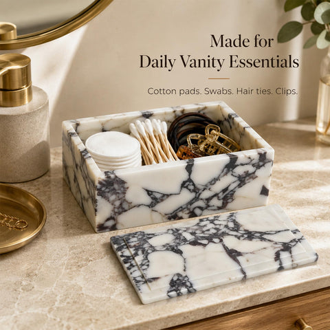 Artisanal Abode Luxury Marble Storage Box with Lid, White and Purple Veined Pattern, Decorative Organizer for Makeup Brushes, Jewelry