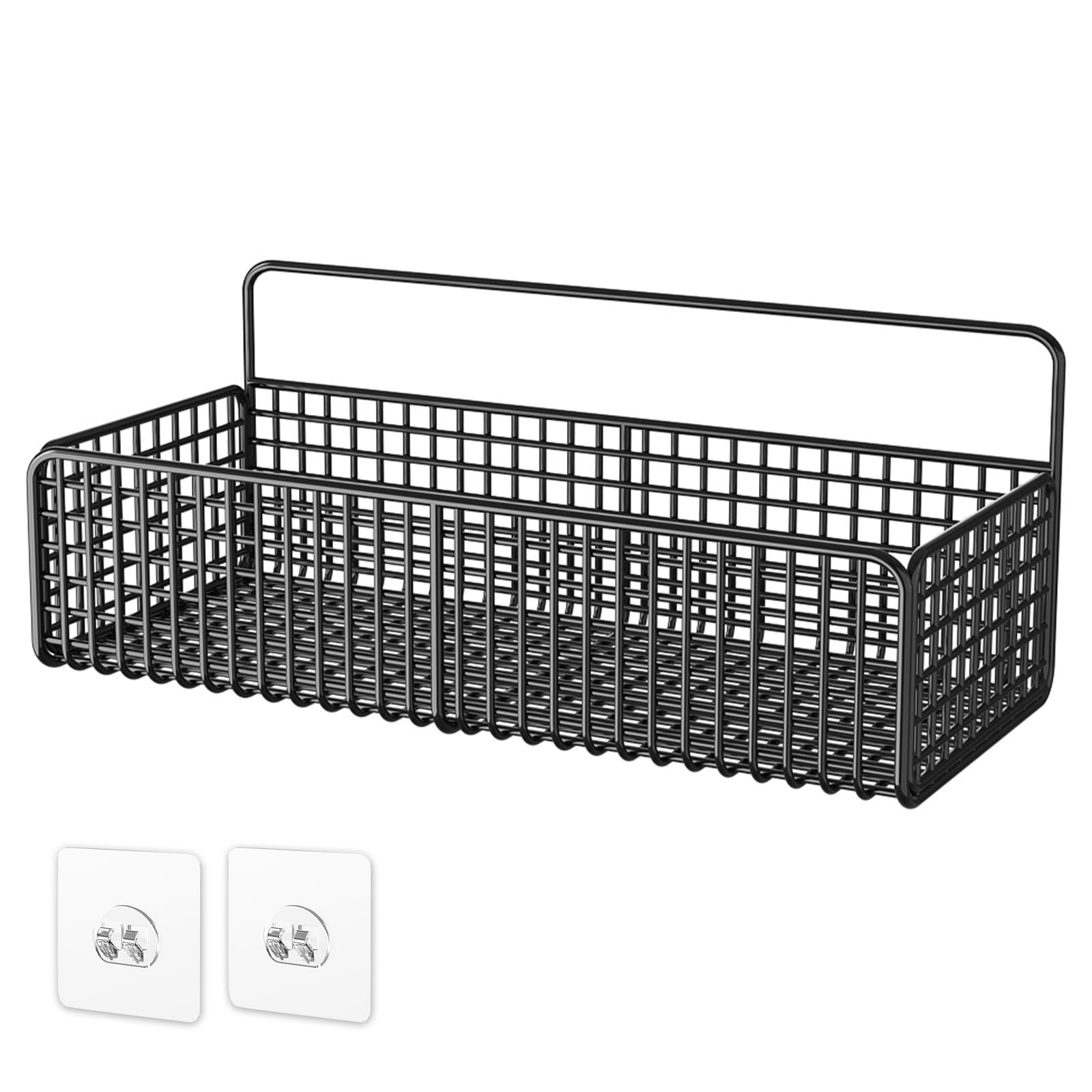 KOLAKO Wire Storage Basket, Self Adhesive Shower Storage Caddy Black, No Drilling Metal Shower Organiser, Wall Mounted Shampoo Holder