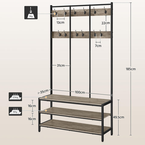 Yaheetech 3-in-1 Hall Tree Coat Rack with Shoe Bench & 24 Hooks, Gray
