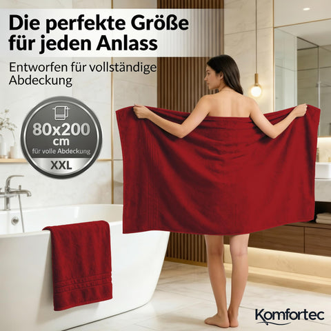 Komfortec Jumbo Bath Towels, 100% Cotton, Quick Dry, 80x200, Red