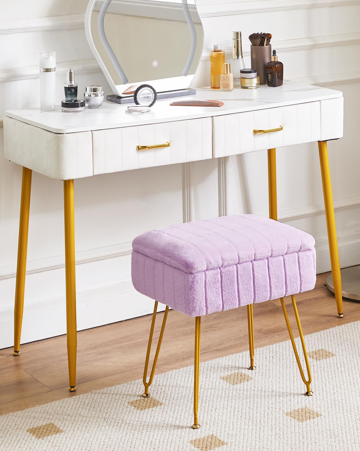 IBUYKE Vanity Stool Chair with Storage, Faux Fur Ottoman, Purple L/G-50V