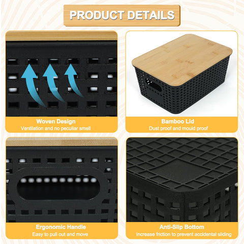 6Pcs Storage Plastic Baskets with Bamboo lids, Lidded Storage Bins - Black