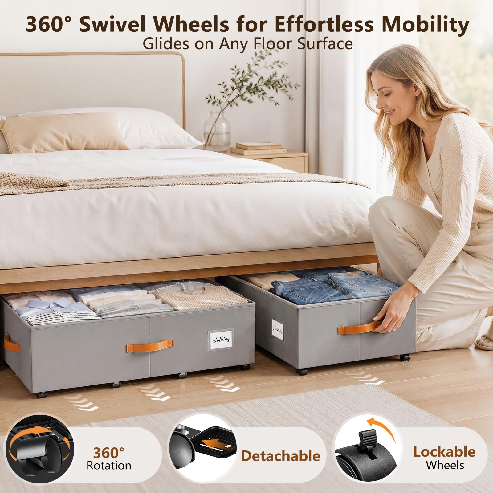 2 Pack 65L Under Bed Storage Box with Lid & Wheels,84cm Long Rolling Underbed Storage Bins,Heavy Duty Foldable Under Bed Storage on Wheels with