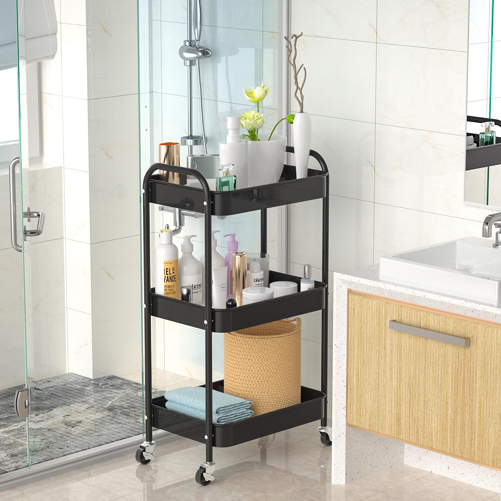 PNVXNUS 3-Tier Rolling Cart, Metal Utility Storage Carts with Wheels, Black