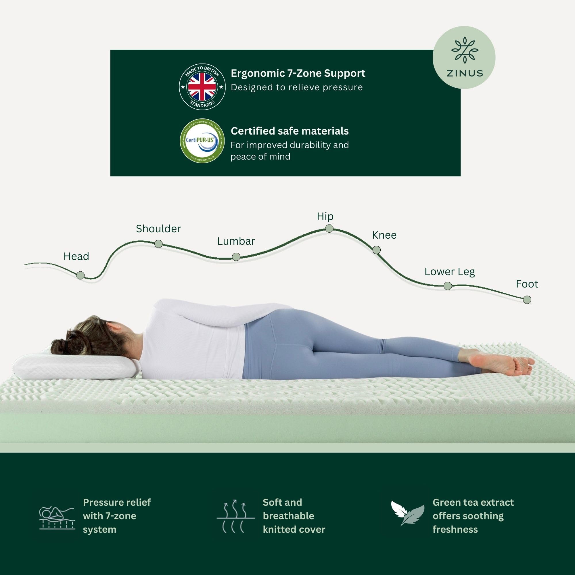 Zinus 3ft Single Memory Foam Mattress infused with Green Tea - (90 x 190 cm) - 5'' Height - Medium Firm Orthopaedic Support - Breathable Comfort
