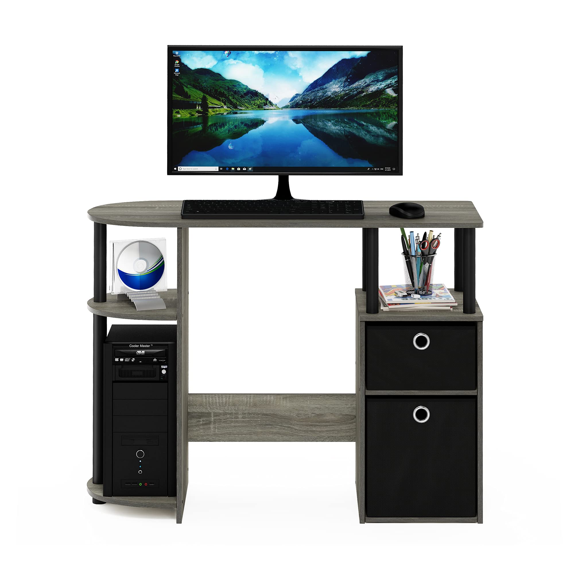 Furinno JAYA Simplistic Computer Study Desk with Bin Drawers, French Oak/Black