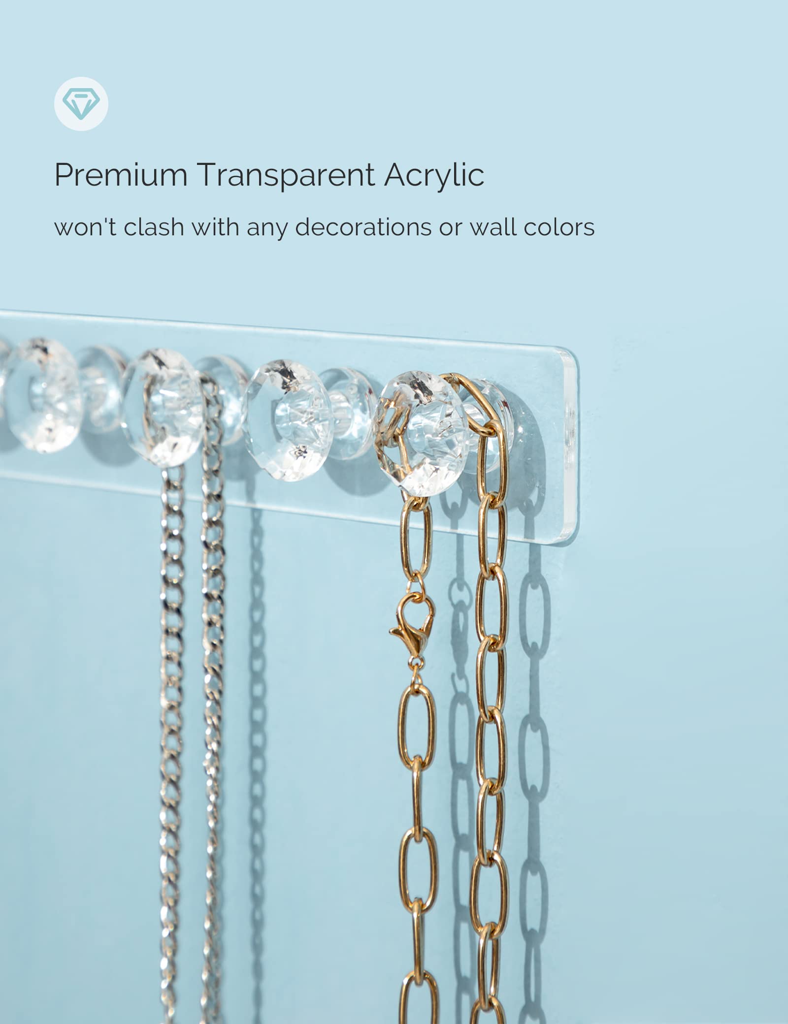 Mymazn Acrylic Necklace Holder Set of 4, Wall Mounted Jewelry Organizer Hanging with 12 Diamond Shape Hooks, Clear Necklaces Hanger