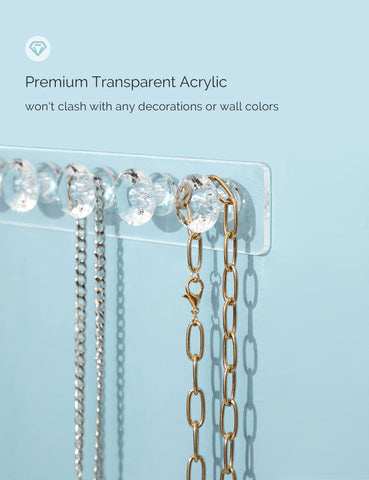 Mymazn Acrylic Necklace Holder Set of 4, Wall Mounted Jewelry Organizer Hanging with 12 Diamond Shape Hooks, Clear Necklaces Hanger