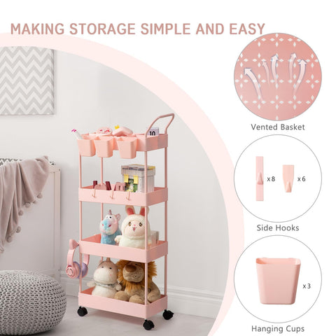 danpinera 4-Tier storage trolley, storage trolley on wheels, beauty trolley with Dividers & Hooks & Hanging Cups, kitchen trolley