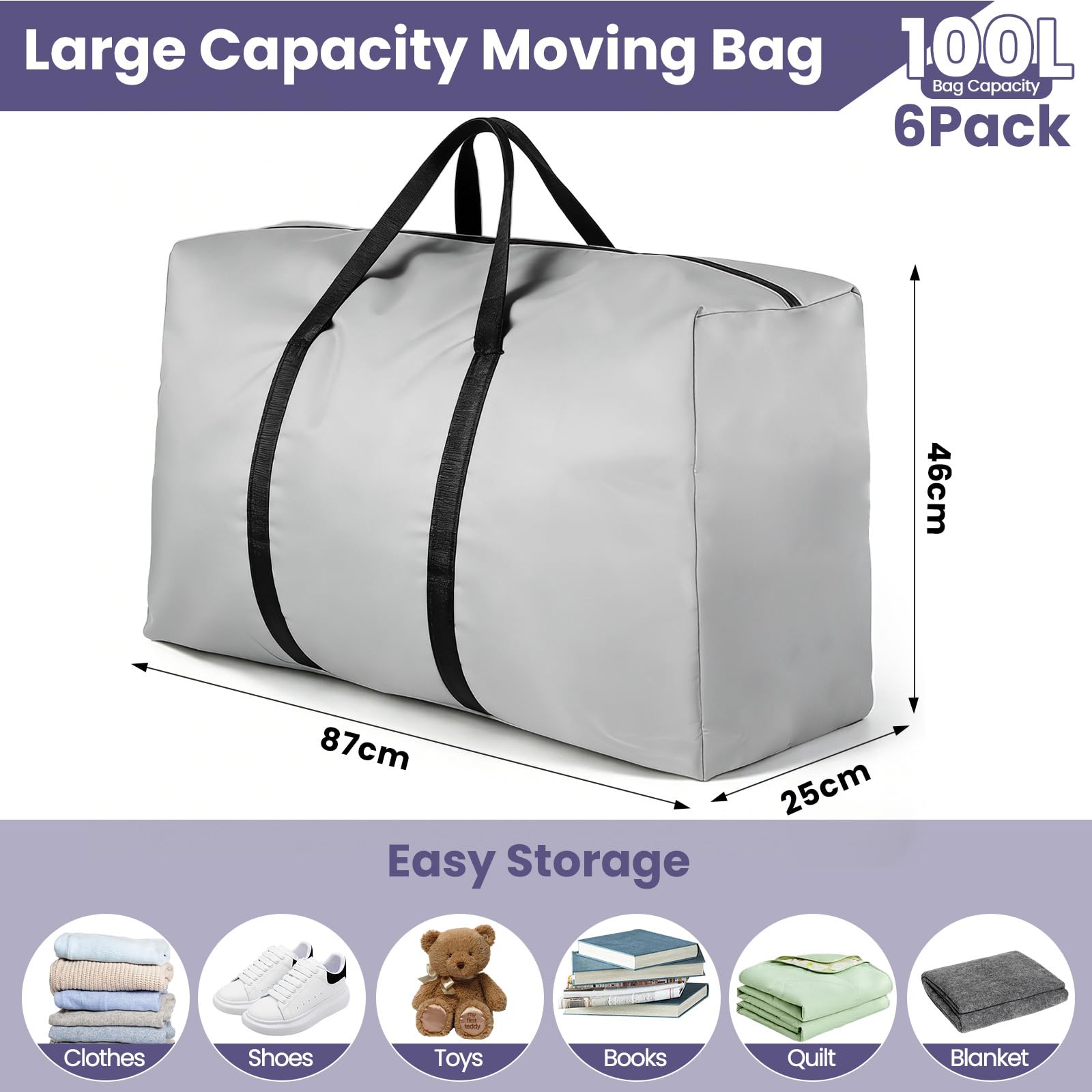 100L Large Moving Bags 6 Pack, Foldable Storage Bags for Loft, Bedding, Clothes & Toys, Heavy Duty Packing Bags with Handles