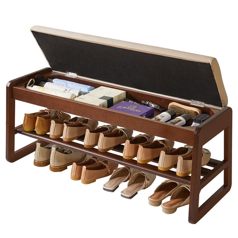 Aibiju Wood Shoe Storage Bench with Cushion, 2 Tier Shoe Rack with Flip-Top Storage, 39.37in Shoe Organizer Storage Shelf for Entryway, Living Room
