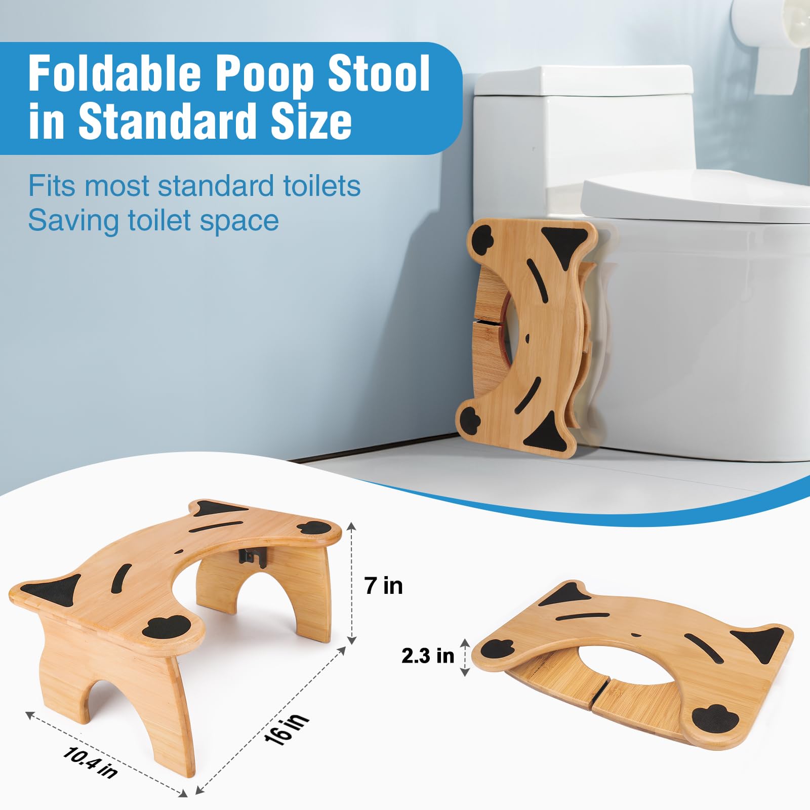 Bamboo Toilet Stool for Bathroom, 7 Inches Foldable Poop Stool with Non-Slip Pads