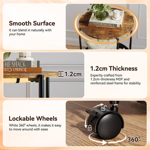ARTETHYS Side Table, Small Side Coffee Tables for Living Room, End Table with LED Lights, Wheels, Storage Basket, Bedside Sofa Tables for Bedroom