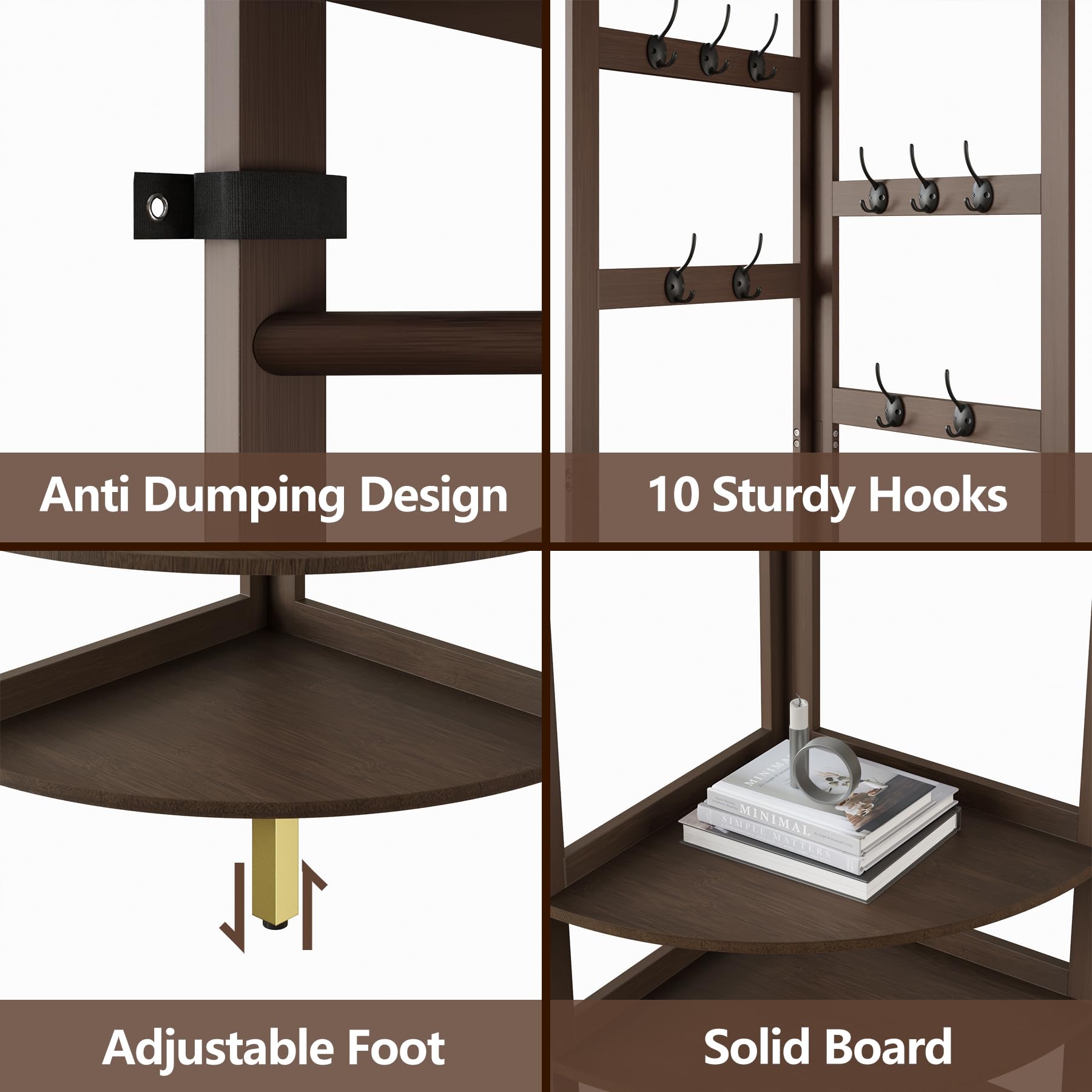 AMBIRD Bamboo Corner Coat Rack with Bench, 4-Tier Shoe Storage with 10 Hooks & Clothes Rod, Freestanding Hall Tree Unit for Entryway, Hall, Bedroom