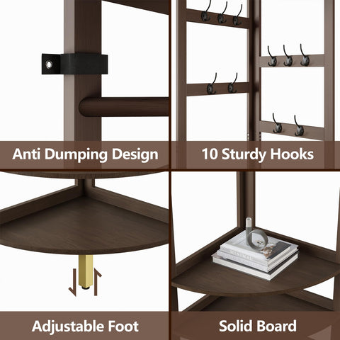 AMBIRD Bamboo Corner Coat Rack with Bench, 4-Tier Shoe Storage with 10 Hooks & Clothes Rod, Freestanding Hall Tree Unit for Entryway, Hall, Bedroom