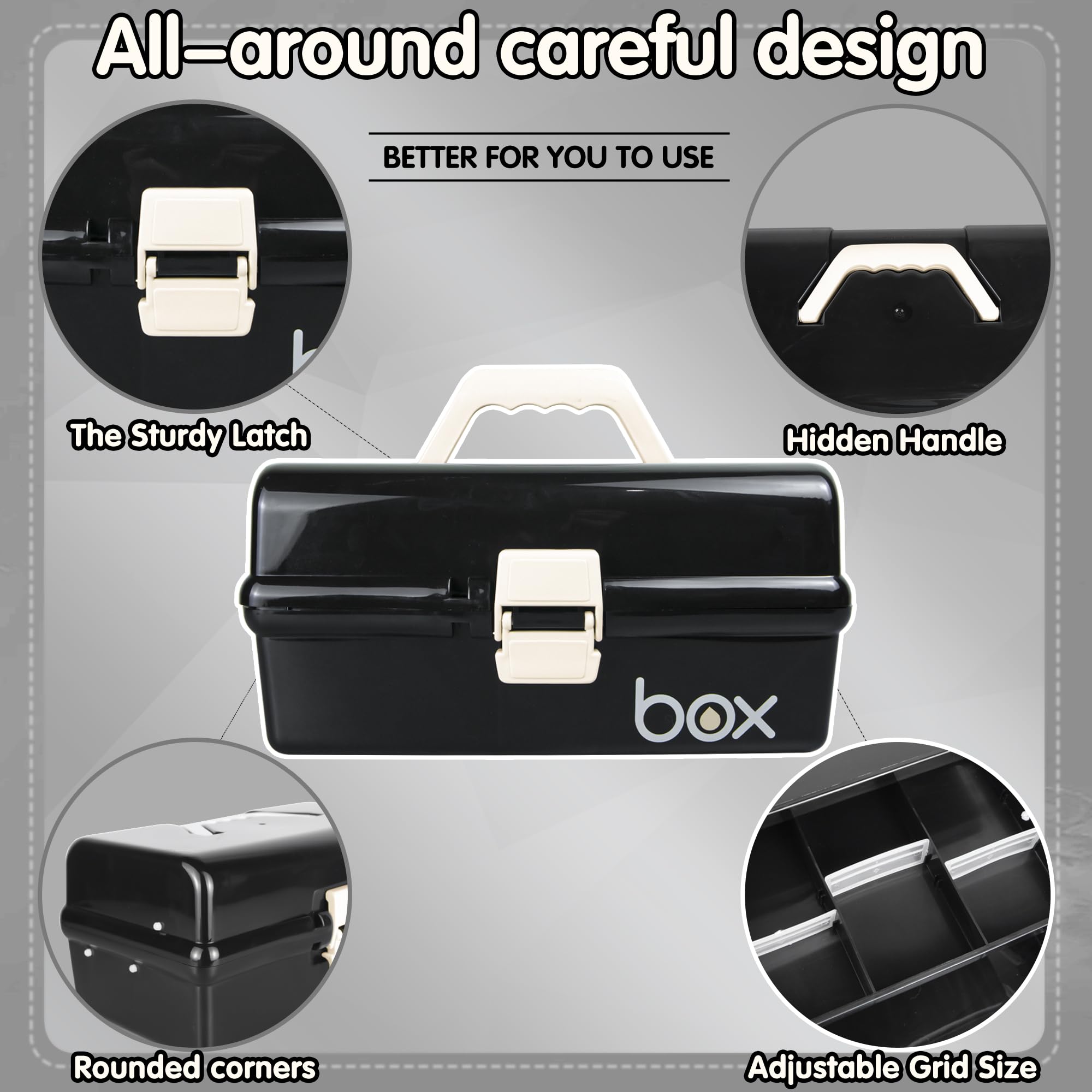 Creahaus 12in 3 Layer Multipurpose Storage Box/Craft Storage Boxes With Compartments/Plastic Black Tool Box/Medicine Storage Box/Hair Accessories