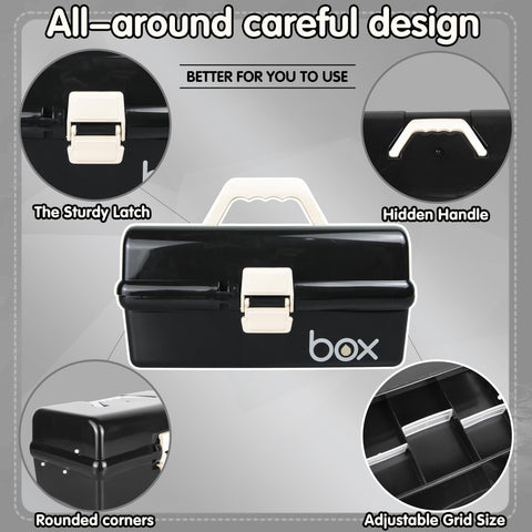 Creahaus 12in 3 Layer Multipurpose Storage Box/Craft Storage Boxes With Compartments/Plastic Black Tool Box/Medicine Storage Box/Hair Accessories
