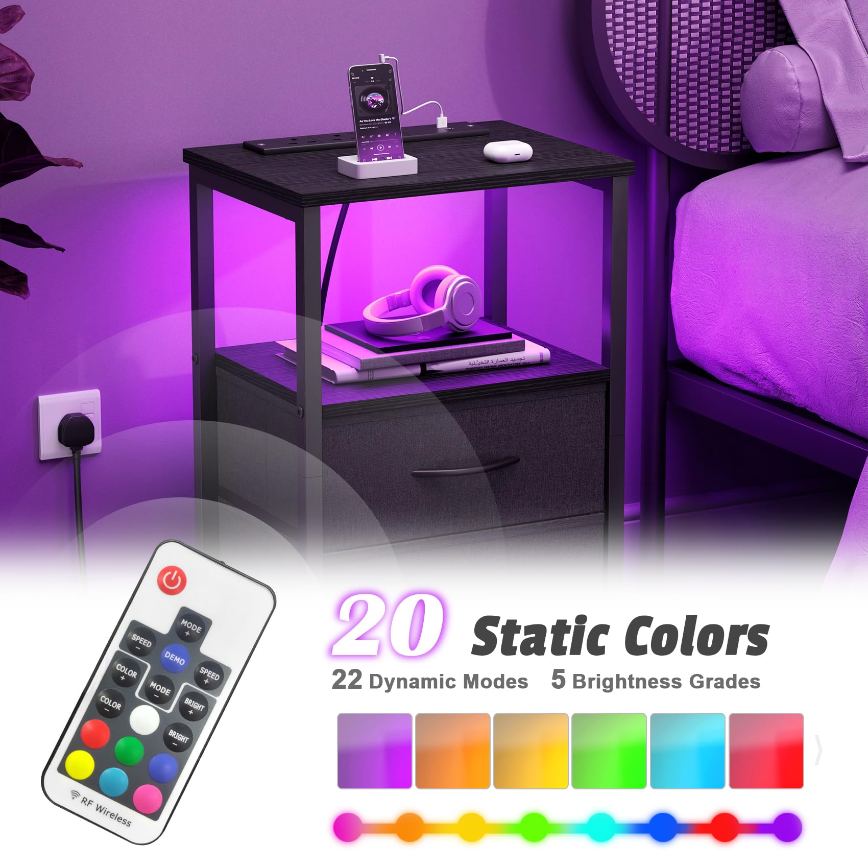 Yornoli Set of 2 Bedside Table with Charging Station 40cm Wide Bed Side Table for Bedroom with Fabric Drawers Small End Tables with Led Lights for