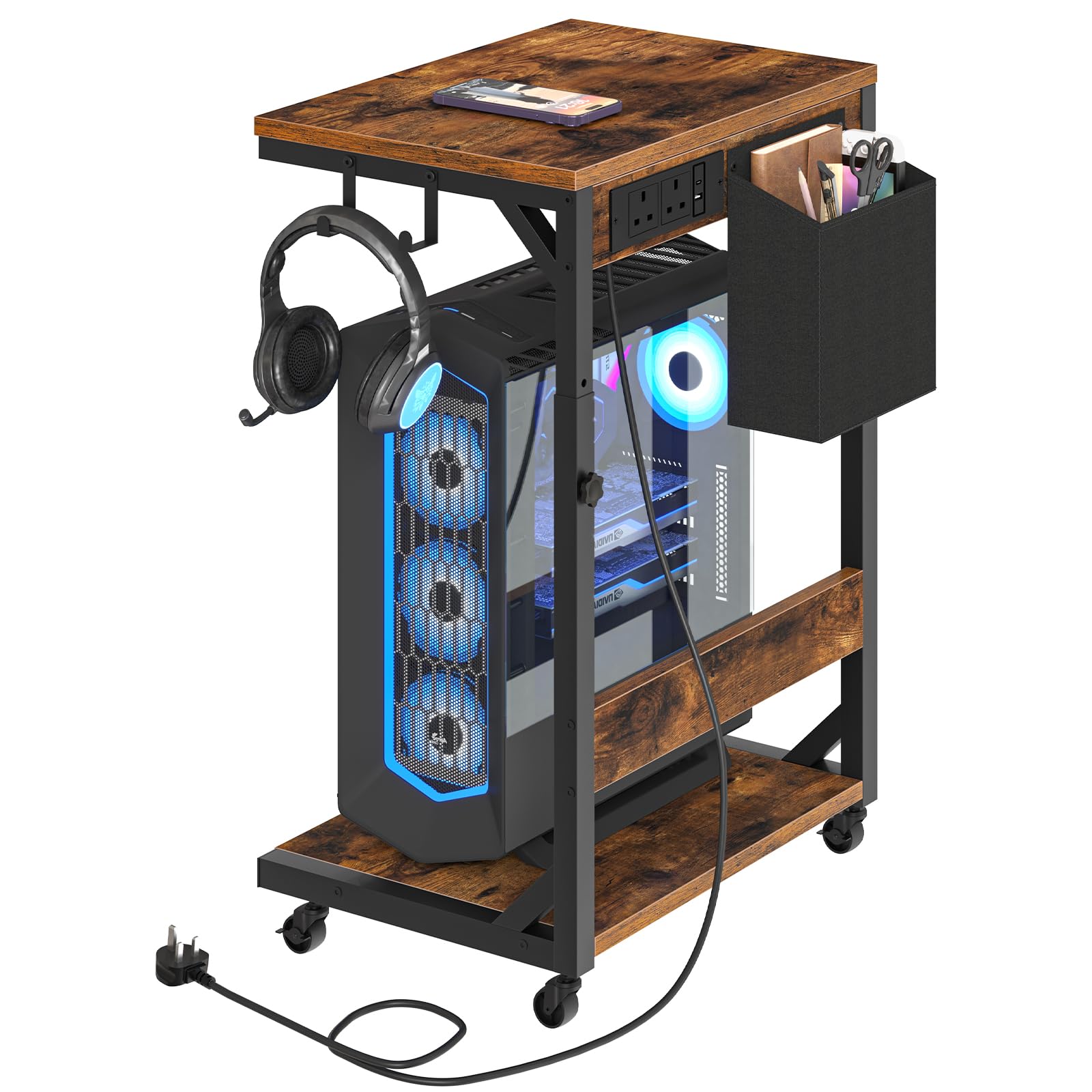 HOOBRO Computer Tower Stand, Printer Stand with Charging Station on Wheels, Height Adjustable PC Stand with 2 Hooks and 1 Fabric Pocket