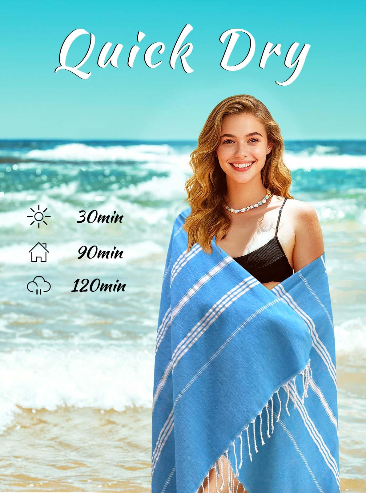 Ouxiaobai Turkish Beach Towel Oversized - 40"x70" Quick Dry Sand Free Thin Beach Towels for Adults, Extra Large Lightweigh Travel Towel(Sky Blue)