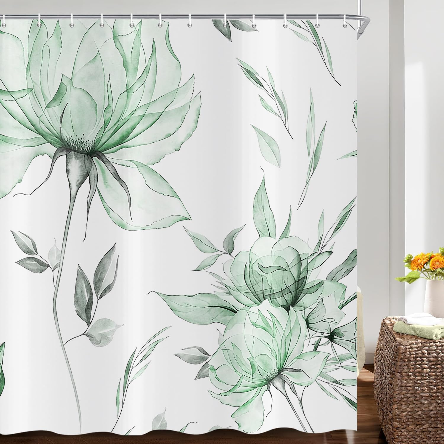 ASDCXZ Watercolor Floral Shower Curtain 180x200 cm, Ink Painting Style Green Flowers Leaves Spring Plants Waterproof Bath Curtain Polyester Textile