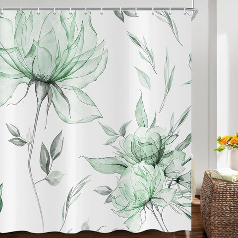 ASDCXZ Watercolor Floral Shower Curtain 180x200 cm, Ink Painting Style Green Flowers Leaves Spring Plants Waterproof Bath Curtain Polyester Textile
