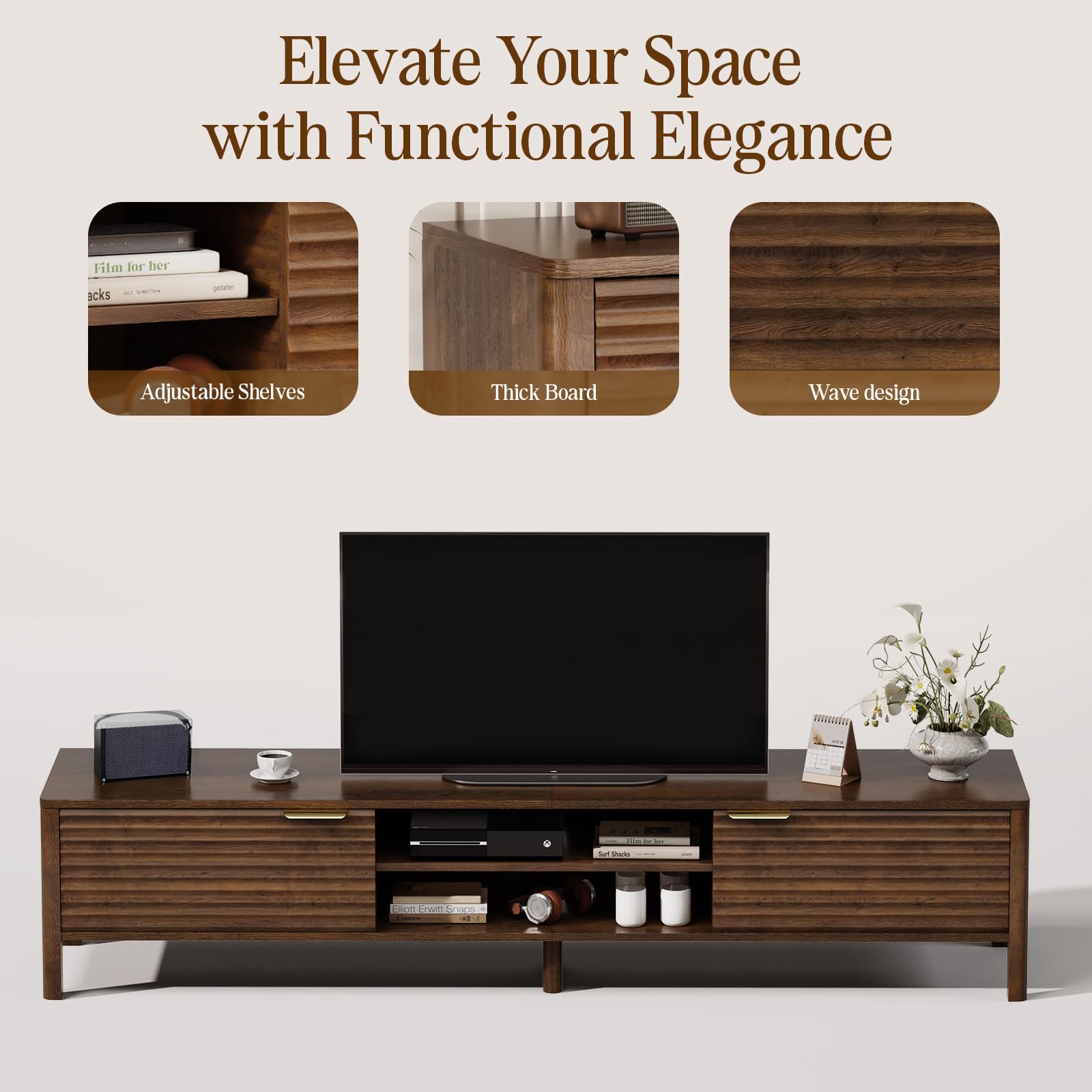 IKALIFE 180cm Walnut TV Unit, Wooden TV Stand Cabinet with Storage