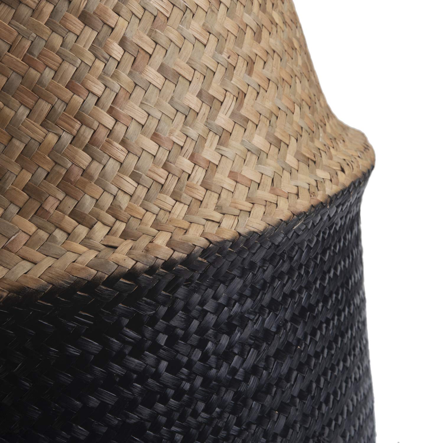 Seagrass Belly Basket Woven Plant Pot with Handles Natural Foldable for Storage Laundry Blankets Toys (Natural + Black)
