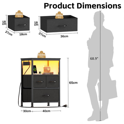 Flrrtenv Bedside Table with Charging Station, 3 Drawers Bedside Cabinet for Bedroom, LED Nightstand with Storage Shelf