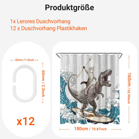 Lerores Shower Curtain, 180 x 160 cm, Cats and Dinosaurs, Weighted Hem, Anti-Mould, Water-Repellent
