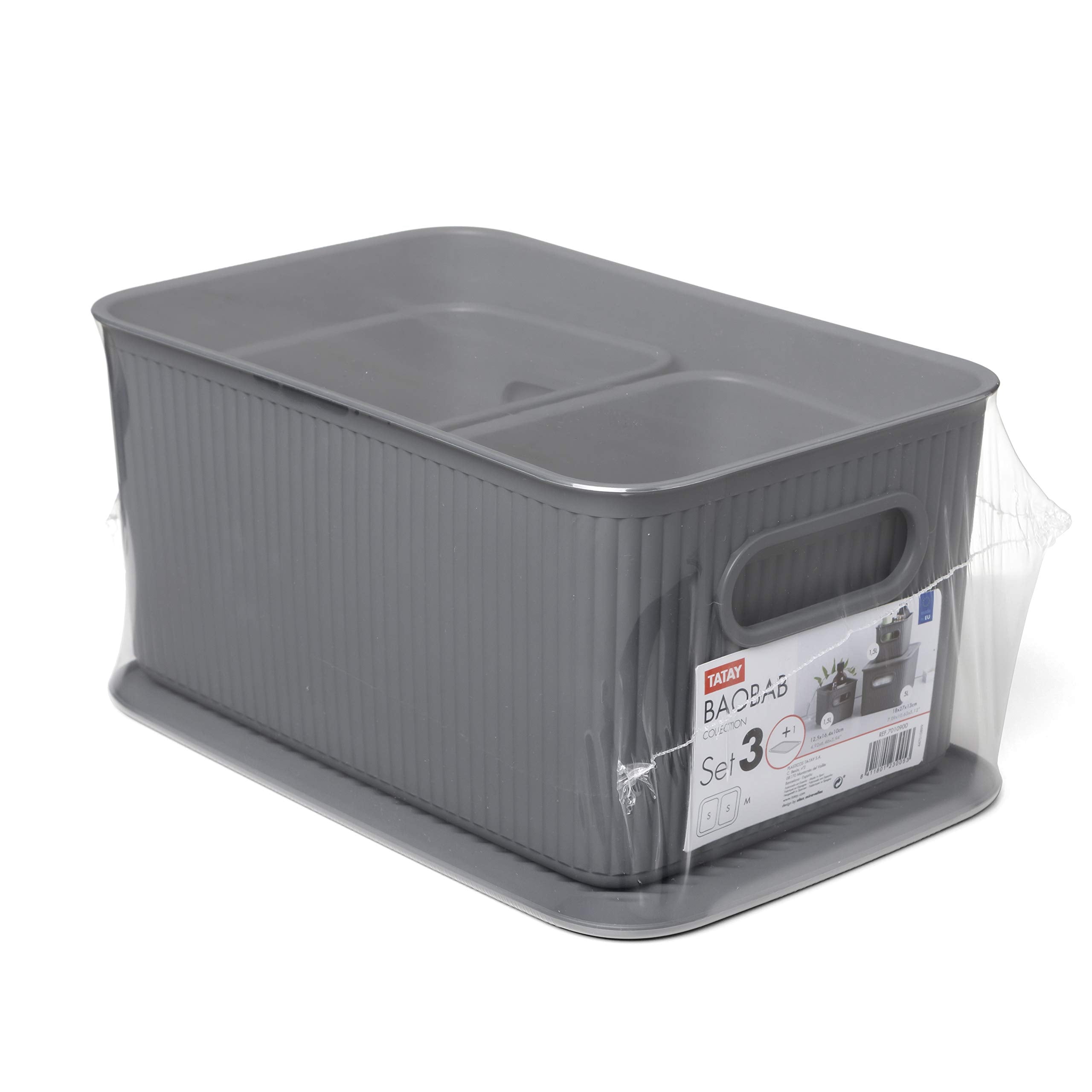 TATAY 7010814 Multipurpose Organiser Set with Lid, 3 x Charcoal Grey, Medium (Pack of 2)