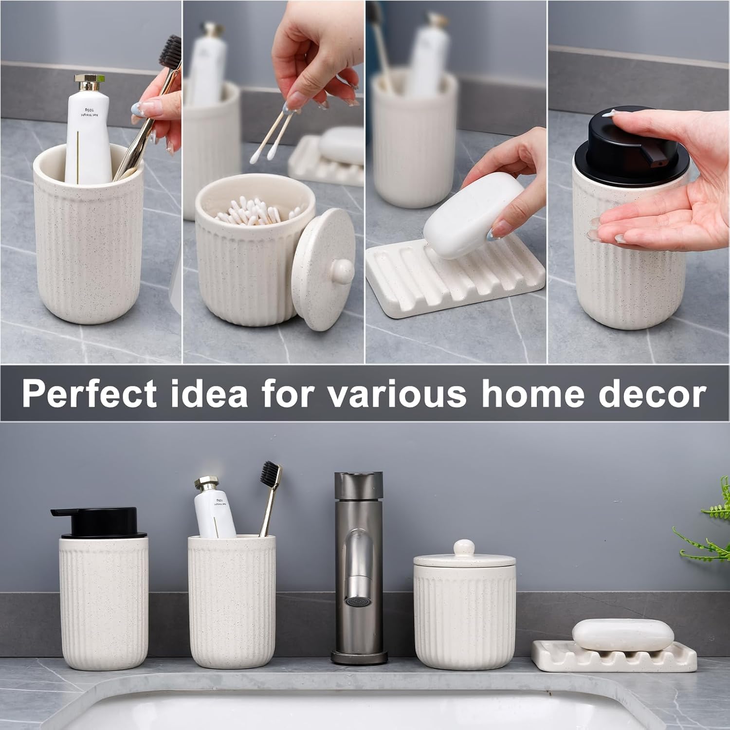 BosilunLife Ceramic Bathroom Accessories Set - Bathroom Counter Soap Set Beige Bathroom Decor Sets Accessories Bathroom Lotion Soap Dispenser and