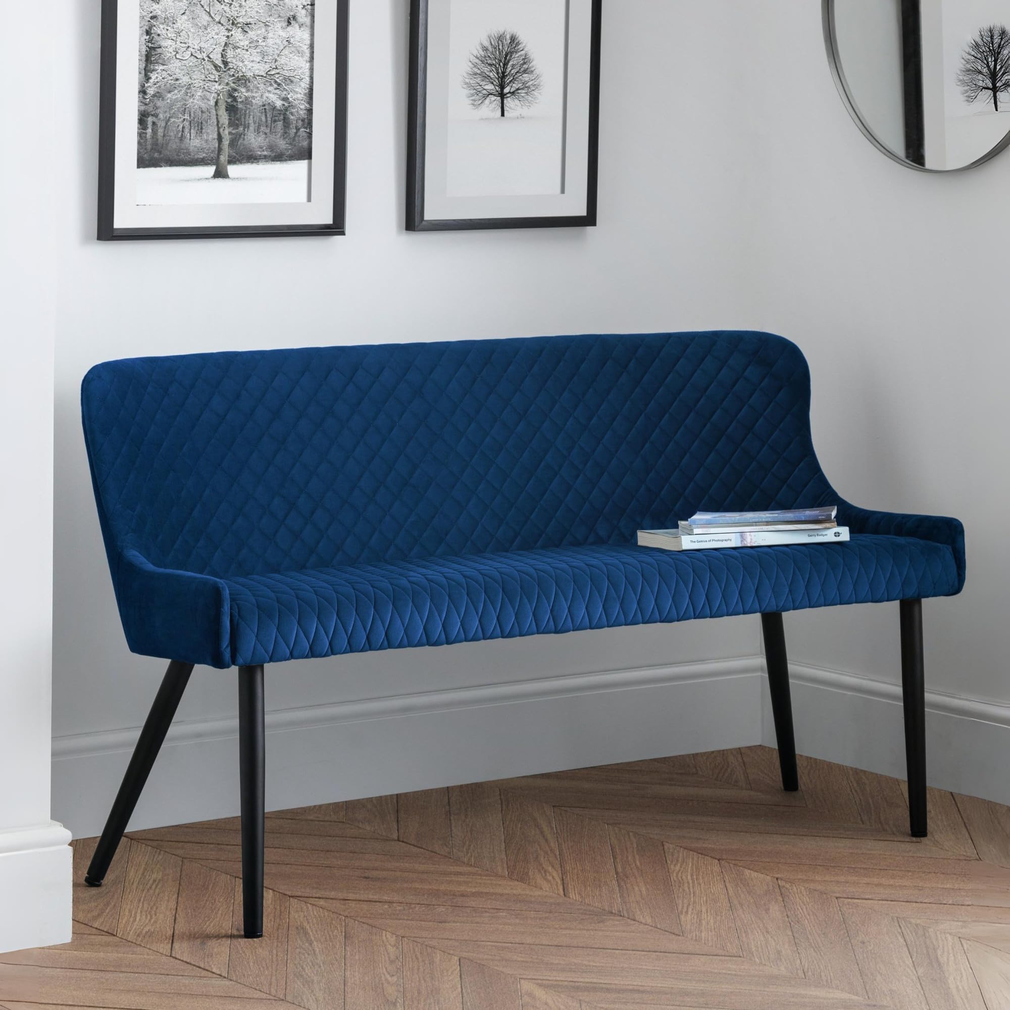Julian Bowen Luxe Dining Bench for 2, High Back, Velvet, Blue - H82xW143cm