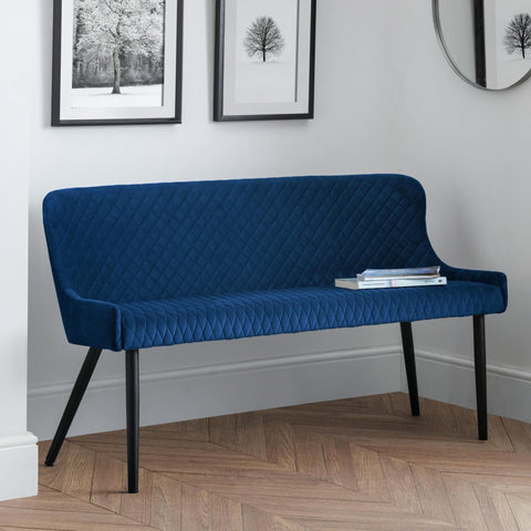 Julian Bowen Luxe Dining Bench for 2, High Back, Velvet, Blue - H82xW143cm
