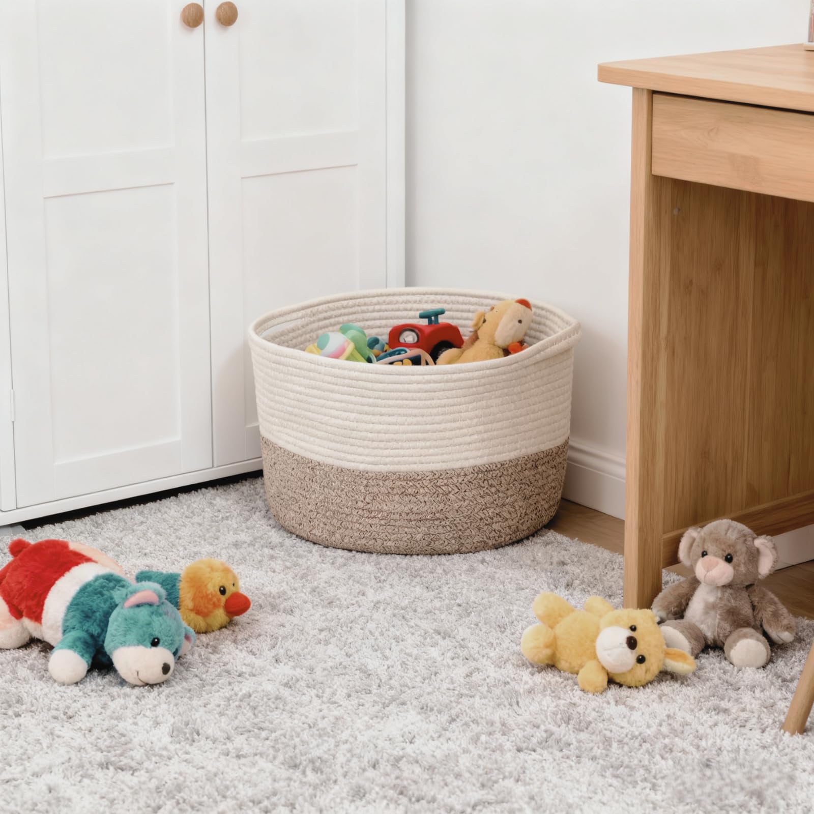 Pomodee White-Brown Cotton Rope Woven Storage Basket with Handle,34×28×24 cm,Storage Baskets for Gifts,Toys,Clothes,Books,Bathroom and Living Room