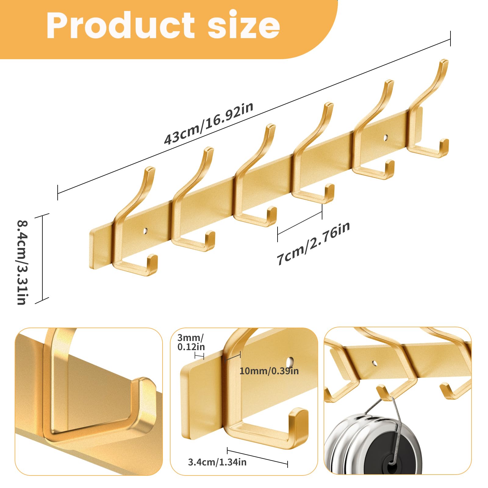 MEIJO Coat Hooks Wall Mounted Stainless Steel, Gold Coat Rack Wall Mounted with 6 Hooks Heavy Duty Coat Hooks for Door, Bathroom, Bedroom, Kitchen