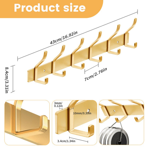 MEIJO Coat Hooks Wall Mounted Stainless Steel, Gold Coat Rack Wall Mounted with 6 Hooks Heavy Duty Coat Hooks for Door, Bathroom, Bedroom, Kitchen