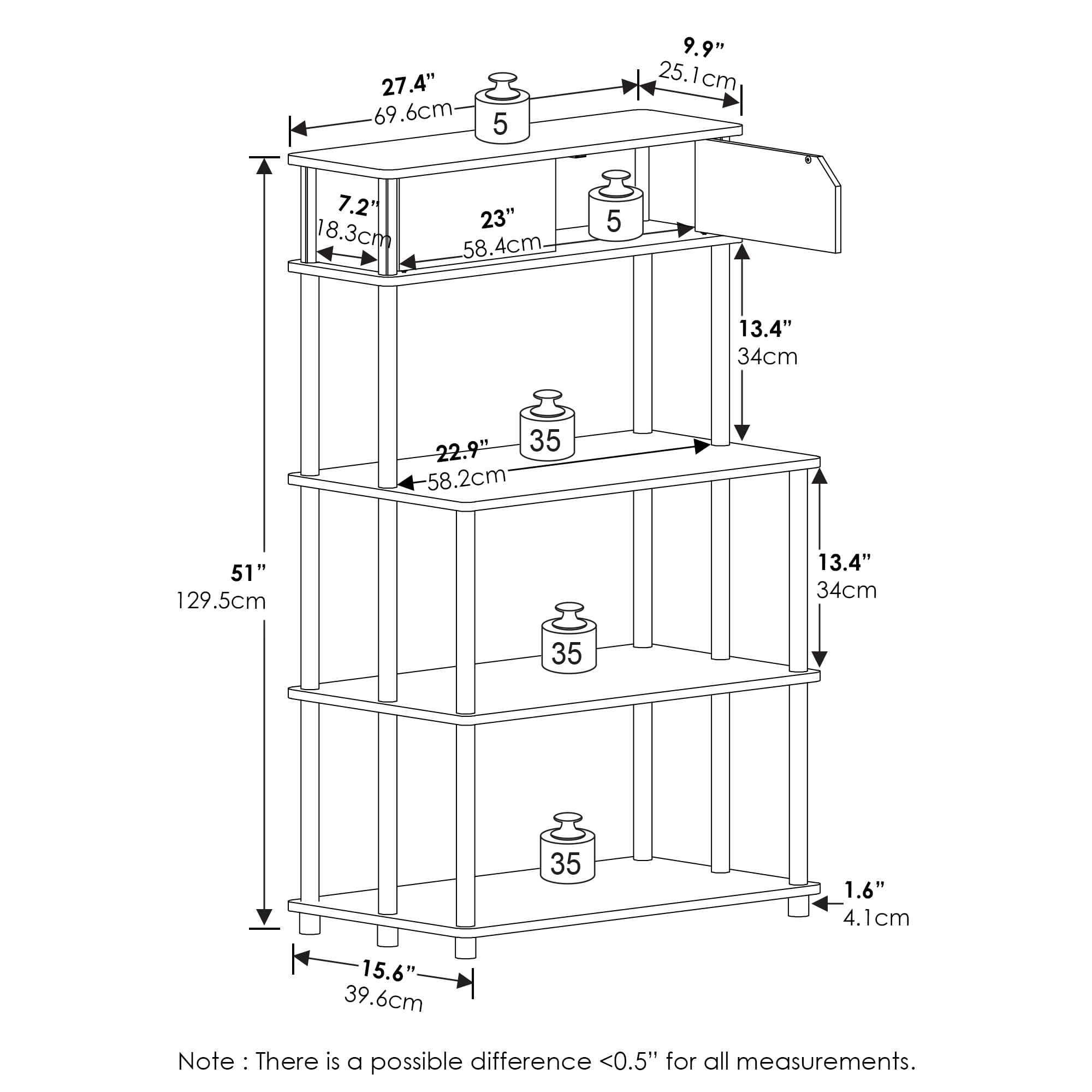 Furinno TURN-N-TUBE Printer Stand with Storage, 5-Tier Large Printer Stand, Printer Table with Top Cabinet, for CPU, Office Supplies, Brown Walnut