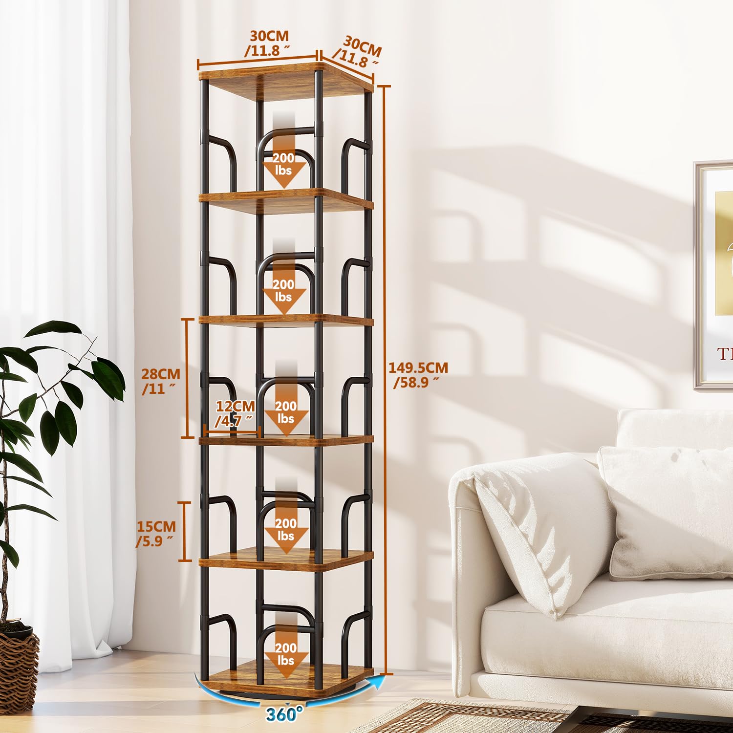IBUYKE 6 Tier Rotating Bookshelf,Square Bookcases,Brown TBC005H