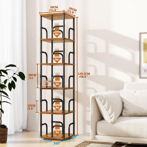 IBUYKE 6 Tier Rotating Bookshelf,Square Bookcases,Brown TBC005H