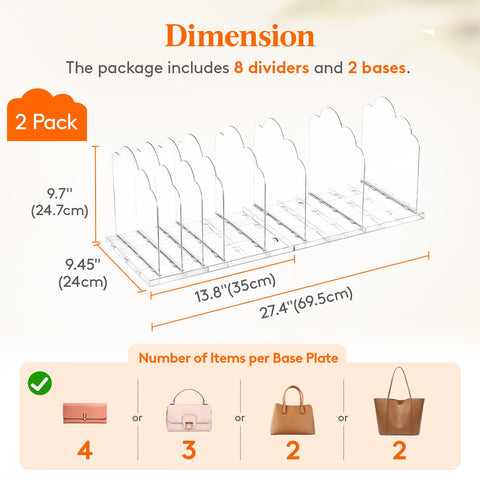 Lifewit Adjustable Handbag Organiser for Wardrobe, 24.7 cm Tall Clear Plastic Purse Organiser for Closet, 4 Pack Bag Shelf Divider in Bedroom/Closet