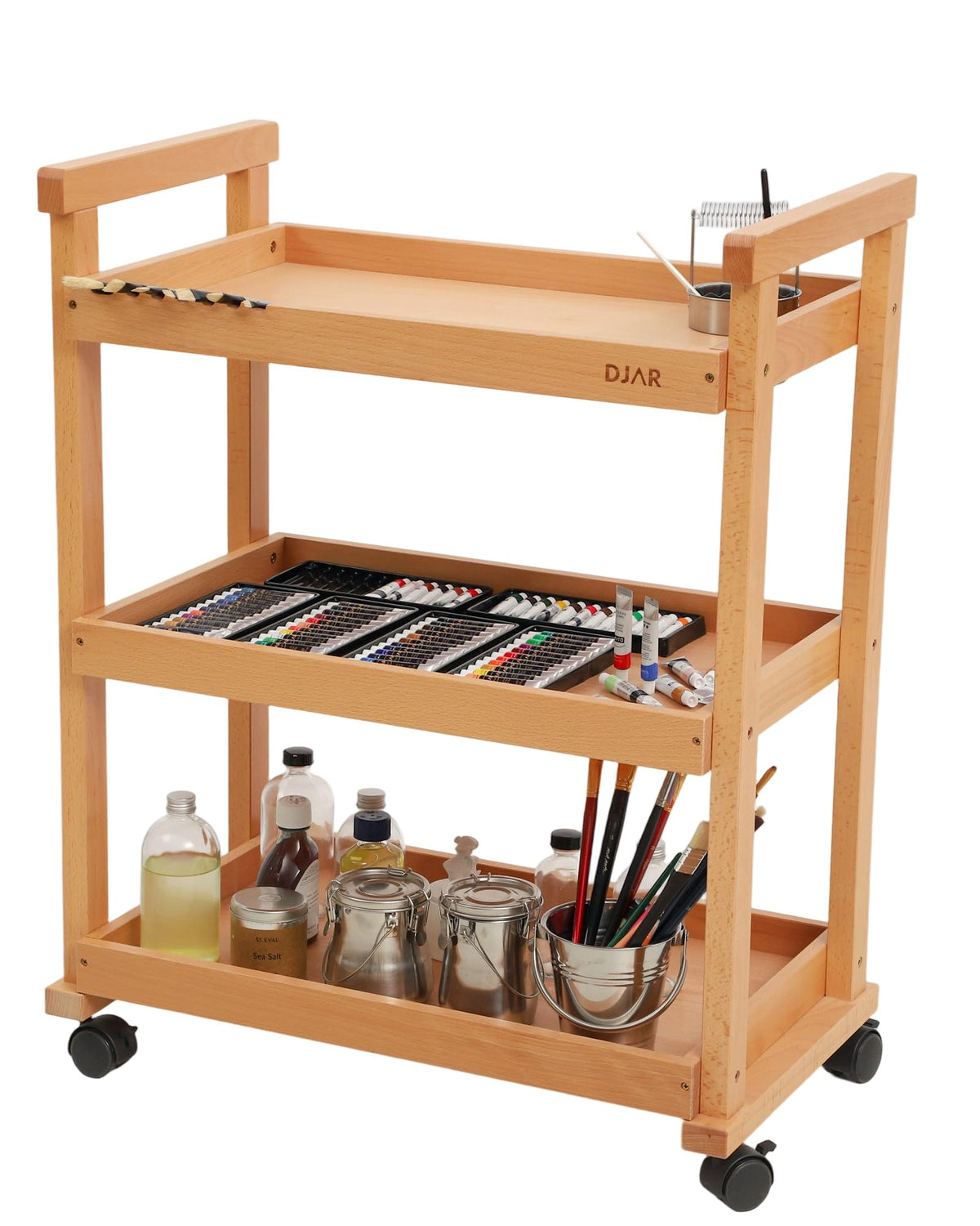 DJAR Rolling Art Cart, Solid Beech Wood Utility Cart with Caster Wheels, for Adults, Artists (Natural, Basic)