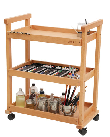 DJAR Rolling Art Cart, Solid Beech Wood Utility Cart with Caster Wheels, for Adults, Artists (Natural, Basic)