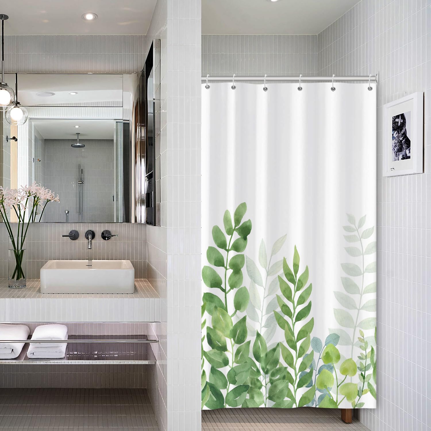 Bovlleetd Green White Stall Shower Curtain Watercolor Botanical Eucalyptus Leaves Bathroom Plants Shower Curtain Polyester Fabric Bath Curtain with